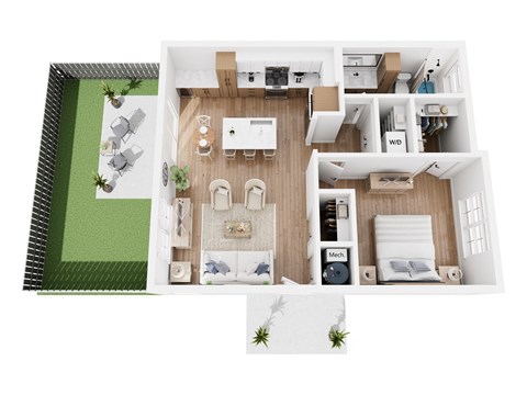 Floor plan for 1 bed, 1 bath, 733 sqft